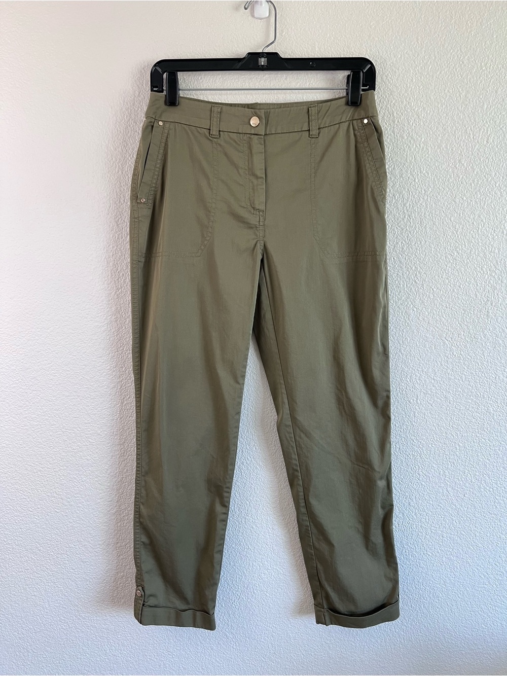 Chico's Women's Ankle High Rise Roll Tab Pants Olive Green Utility Ankle Cropped
